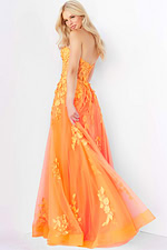 Model wearing Jovani 07901 orange gown showing back detail