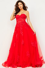 Model in Jovani 07901 red gown with beautiful floral applique