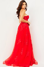 Model wearing Jovani 07901 red gown from the back view
