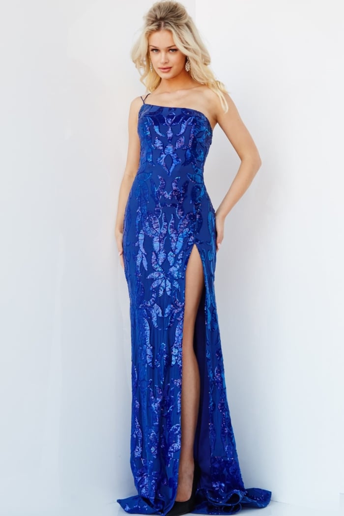 model wearing Jovani 07913 royal dress, front view