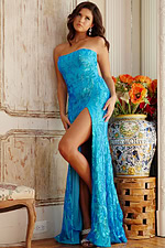 model wearing Jovani 07913 blue dress, front view with high slit