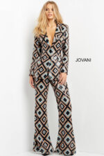 Model in Jovani 07921 jumpsuit, emphasizing the unique geometric design.