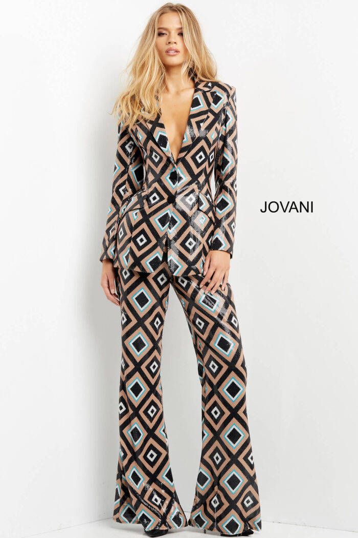 Model in Jovani 07921 jumpsuit, emphasizing the unique geometric design.
