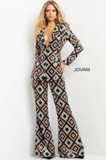 Front angle of Jovani 07921 jumpsuit with geometric print detailing.
