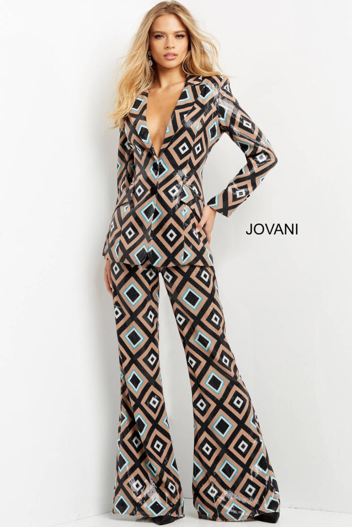 Front angle of Jovani 07921 jumpsuit with geometric print detailing.