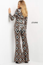 Back view of Jovani 07921 jumpsuit displaying geometric print.