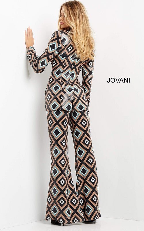 Back view of Jovani 07921 jumpsuit displaying geometric print.
