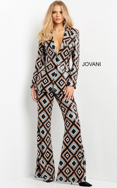 Model wearing Jovani 07921 jumpsuit with geometric print and deep V-neckline.