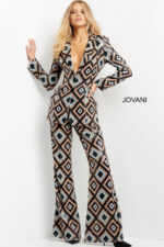 Front view of Jovani 07921 jumpsuit, worn by a model with a geometric print design.