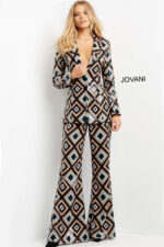 Model in Jovani 07921 jumpsuit, featuring a bold geometric pattern.