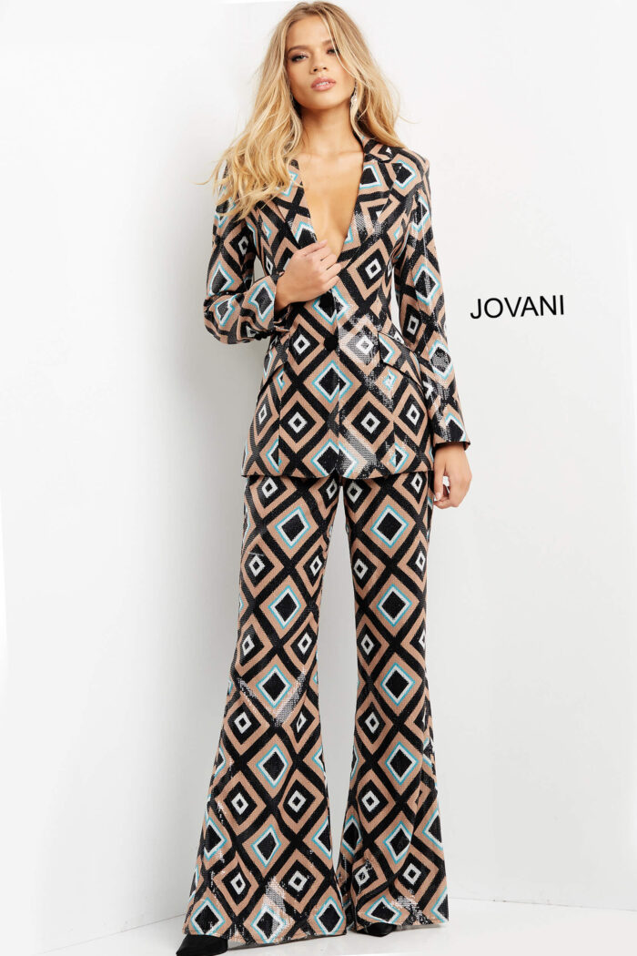 Model in Jovani 07921 jumpsuit, featuring a bold geometric pattern.