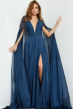 model wearing Jovani 07928 navy gown with high slit and deep V-neckline