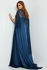 back view of Jovani 07928 navy gown with sheer cape sleeves