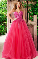 Model wearing Jovani 07946 fuchsia ball gown featuring a beaded bodice and voluminous skirt.