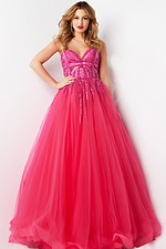 Jovani 07946 fuchsia ball gown with sweetheart neckline and intricate beading.