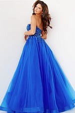 Model showcasing Jovani 07946 royal gown with full A-line tulle skirt