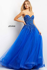 Front facing model in Jovani 07946 royal ball gown with sparkling beadwork
