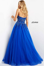 Model displaying Jovani 07946 royal dress with full skirt and beaded bodice