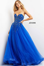 Model in Jovani 07946 royal gown highlighting sweetheart neckline and A-line silhouette