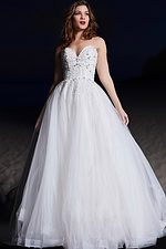 Jovani 07946 white ball gown on model featuring a beaded bodice