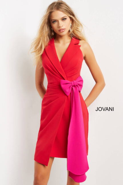 model wearing Jovani 07961 red dress with fuchsia bow detail, front view