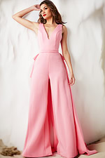 model wearing Jovani 08000 pink dress with deep V-neckline