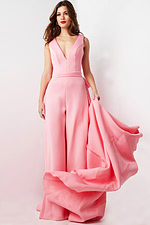 Model wearing Jovani 08000 pink jumpsuit with deep V-neckline from the front.