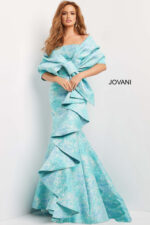 Jovani 08093 Blue Multi Ruffle Skirt Wrap Evening Gown | Jovani