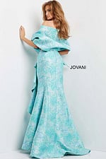 Back view of Jovani 08093 blue multi-color dress showing flowy silhouette and off-shoulder detail.