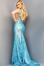 Detailed view of Jovani 22770 gown with vibrant pink sequins.