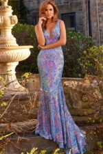 JOVANI（ジョバーニ）SALE ディープVネックロングドレスグリーン Jovani 25754 Hanging Sleeves V-Neck Dress - MadameBridal.com
