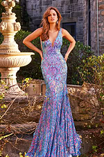 Side-back view of Jovani 08099 dress, showing both design and low scoop.