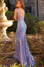 Jovani 08099 Iridescent Blue V Neck Open Back Dress | Jovani