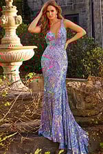 Front pose of model in Jovani 08099 mermaid gown with intricate multi-colored design.
