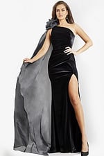 Model wearing Jovani 08116 black gown, front view highlighting one-shoulder and floral detail.