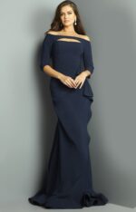 Model showcasing Jovani 09623 navy gown, featuring an off-shoulder neckline with cutout.