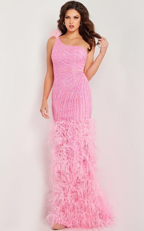 Model wearing Jovani 08200 pink gown with asymmetric neckline and feathered skirt, front view.