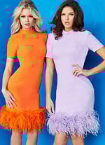 models wearing Jovani 08253 in orange and lilac dresses with feathered hem