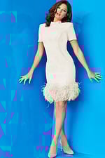 model wearing Jovani 08253 in ivory with feathered hem