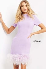 Model wearing Jovani 08253 lilac dress with high neckline, fitted silhouette.