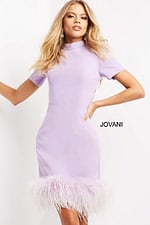 model wearing Jovani 08253 in lilac with short sleeves and feathered hem