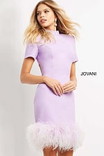 Model in Jovani 08253 lilac dress featuring fitted silhouette and feathered hem.