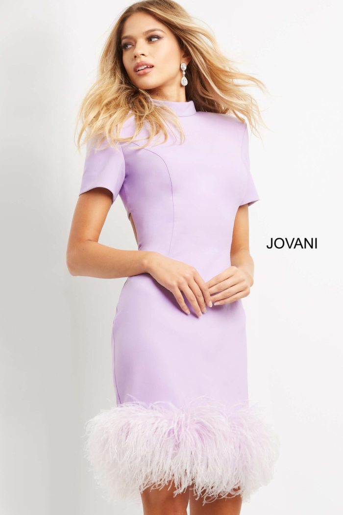 Model in Jovani 08253 lilac dress featuring fitted silhouette and feathered hem.