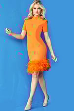 model wearing Jovani 08253 in orange with feathered hem