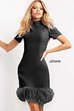 Model wearing Jovani 08253 black dress with high neckline and feathered hem.