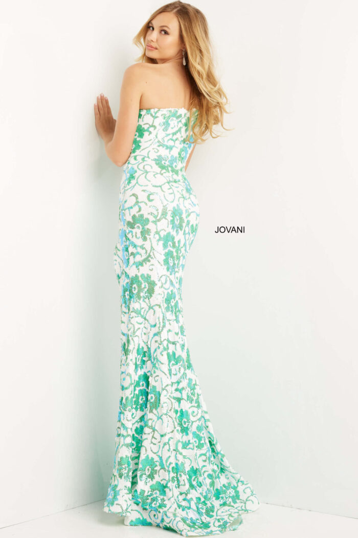 three models wearing Jovani 08256 floral gowns front view