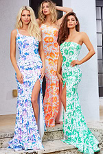 Model wearing Jovani 08256 blue floral dress, showcasing the elegant design