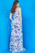 Back view of model wearing Jovani 08256 gown with floral pattern.
