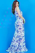 Side view of Jovani 08256 gown with intricate blue floral design.