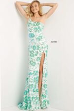 model wearing Jovani 08256 green floral gown front view